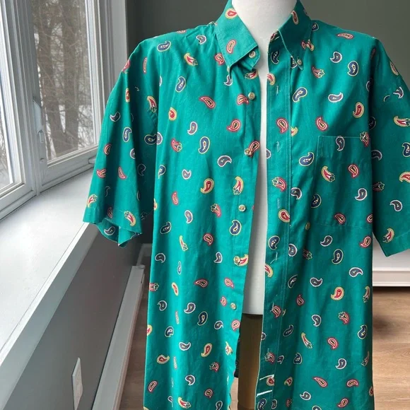Vintage 90s Green Paisley Button Down - 100% Cotton - Men's Shirt - Size L - Picture 2 of 4